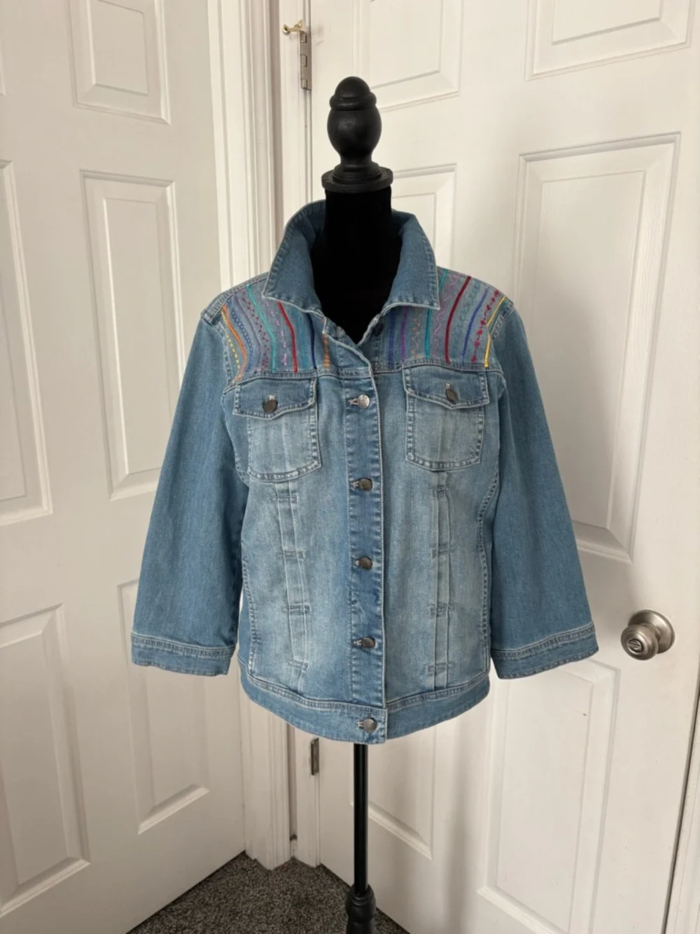 J. Jill Light Blue Denim Jacket with Multicolor Embroidered Yoke - Picture 1 of 13